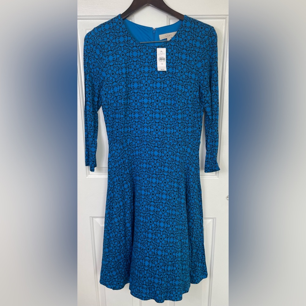 NWT $70 Ann Taylor Loft Dress Medium Women's Blue 3/4 Sleeve‎ A-Line